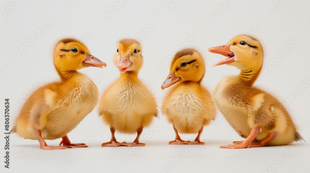 Group of happy cool surprised baby yellow ducklings is look down, bottom view, isolated on white background, happy mood , generated with ai Group of happy cool surprised baby yellow ducklings is look down, bottom view, isolated on white background, happy mood , generated with ai