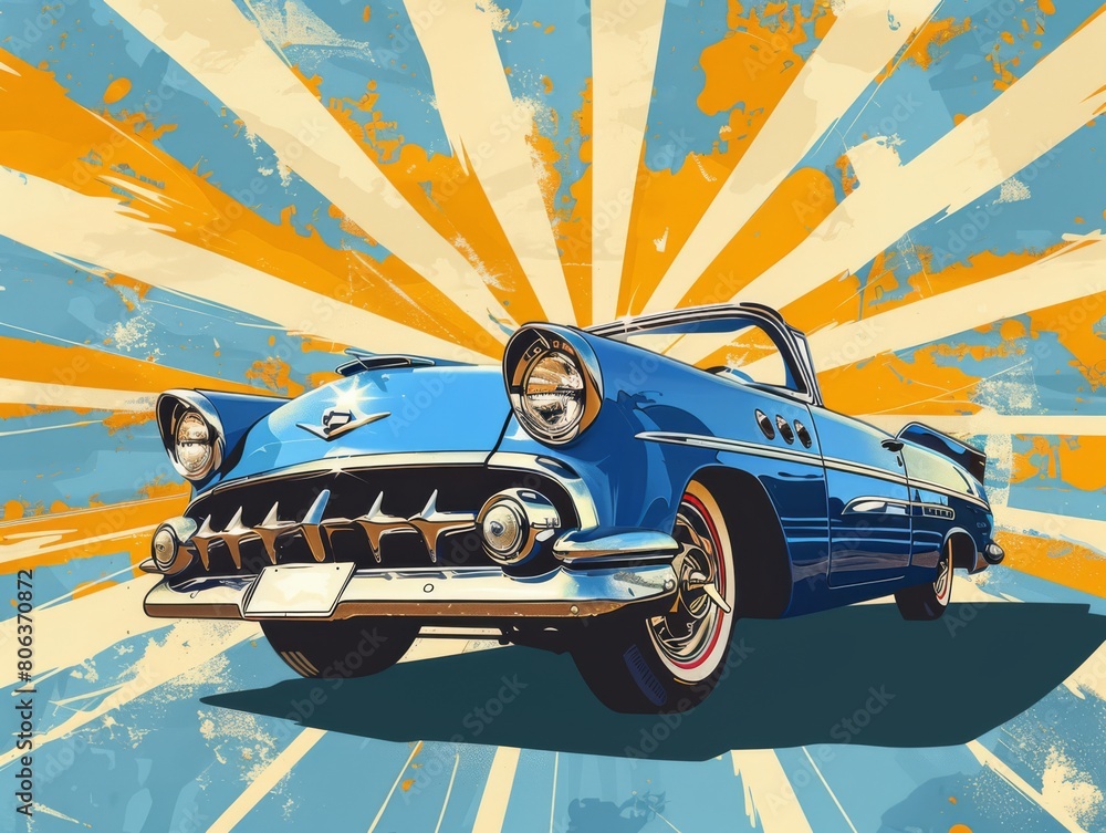 Φωτογραφία Illustration of a vintage car in blue and white, in the style of pop art inspire