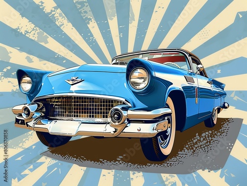 Illustration of a vintage car in blue and white, in the style of pop art inspired comics, sun rays shining on it, generated with AI