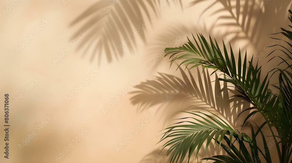 Shadows of Tropical Plants on a light brown Plaster Wall. Exotic Background for Product Presentation