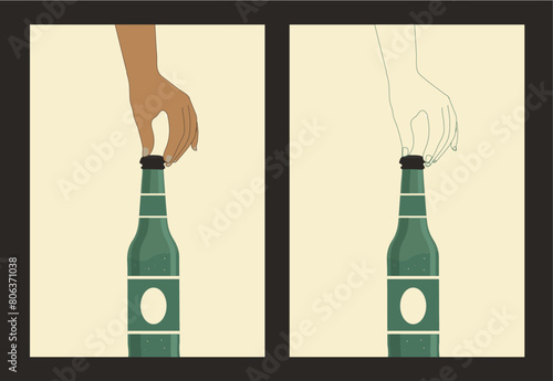 Hand above taking a bottle of beer. Alcohol. vintage style. illustration for web, poster, invitation to beer party. Retro poster with hand and beer - Stock vector