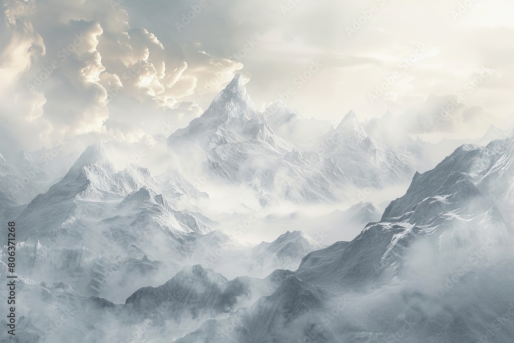 A majestic mountain landscape, rugged peaks rise into the sky against a backdrop of swirling clouds, generated with AI