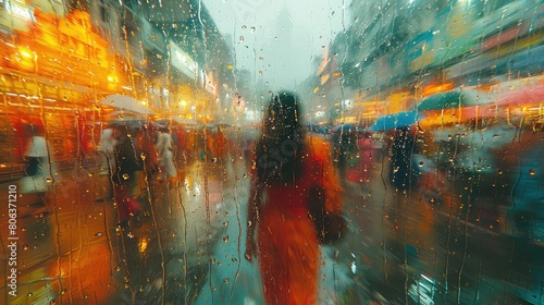 A woman in a red dress walks through a busy street in the rain photo