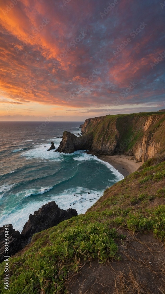 Breathtaking sunset paints sky with hues of orange, purple above serene beach cove. Waves crash gently against rugged cliffs that shelter sandy enclave, while greenery clings to rocky outcrops.