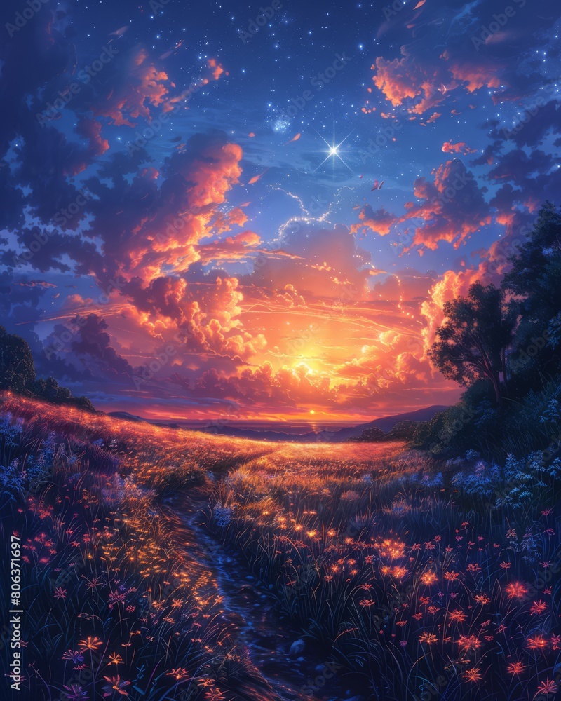 Marvelous mystical sparkly fertile fantasy scenery during a lovely sunset, , generated with ai