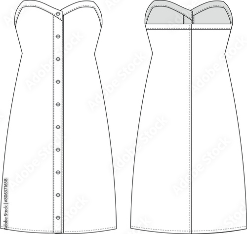 strapless sleeveless sweetheart neck buttoned short  tent dress denim jean shirt template technical drawing flat sketch cad mockup fashion woman design style model
