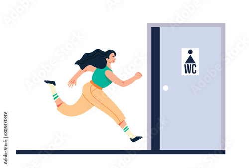 People, characters running to the toilet, concept. Vector flat illustration of graphic design element