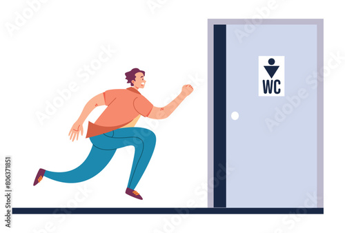 People, characters running to the toilet, concept. Vector flat illustration of graphic design element