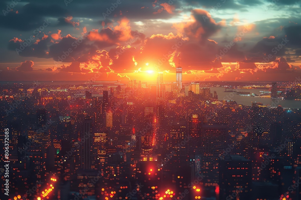 A beautiful sunset over a dense urban cityscape
