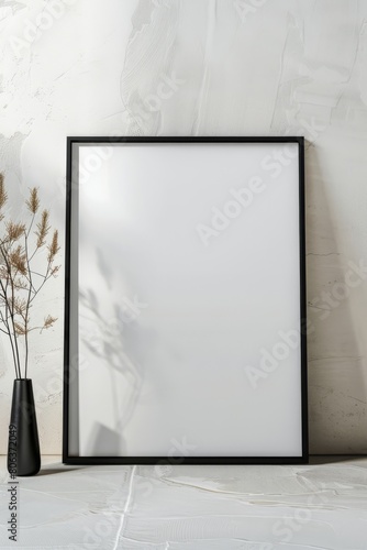 Mockup of a black wood thick frame with white matte against a plain white wall, frame ratio 2:3 , generated with ai