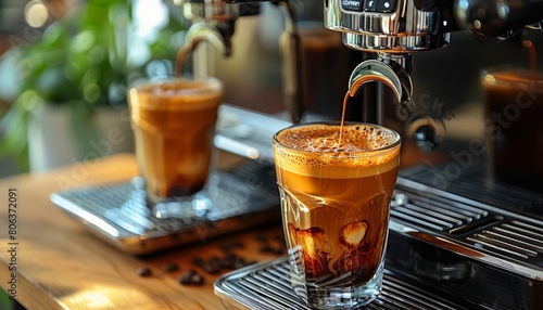 Modern coffee machine with glasses of hot espresso on table in kitchen, generated with AI