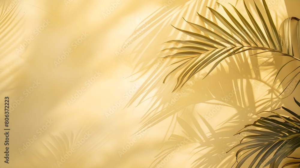 Obraz premium Shadows of Tropical Plants on a light yellow Plaster Wall. Exotic Background for Product Presentation