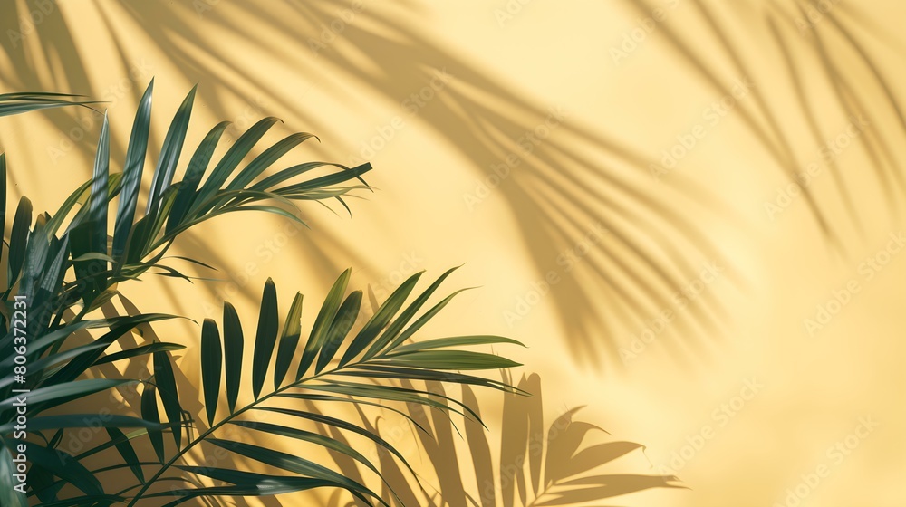 Shadows of Tropical Plants on a light yellow Plaster Wall. Exotic Background for Product Presentation Shadows of Tropical Plants on a light yellow Plaster Wall. Exotic Background for Product Presentation