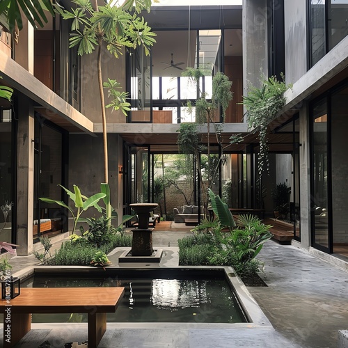 Design a modern house with a central courtyard and a reflecting pool