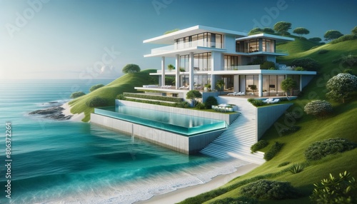 Modern White Luxury Mansion with Stunning Infinity Pool Overlooking Ocean from Hilltop