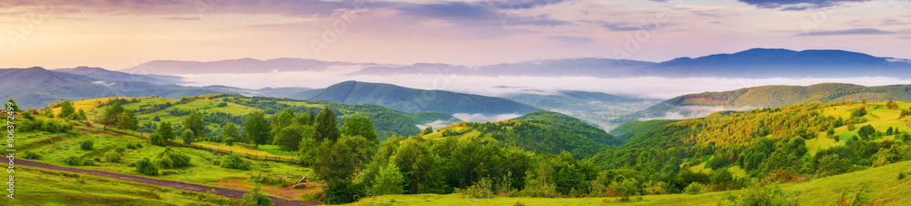 panorama of carpathian countryside scenery at sunrise in summer. mountainous landscape of ukraine with rural fields and meadows on the forested hills. fog in the distant valley panorama of carpathian countryside scenery at sunrise in summer. mountainous landscape of ukraine with rural fields and meadows on the forested hills. fog in the distant valley