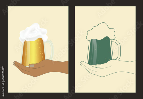 hand holding a beer chope. Alcohol and drink. vintage style. illustration for web, poster, invitation to beer party. Retro poster with hand and beer - Stock vector