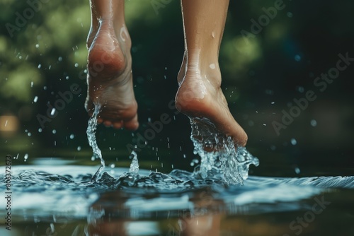 Feet jumping into water  closeup shot  natural light  low angle view  blurred background  generated with AI