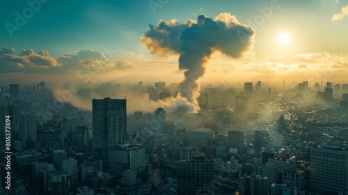 Photo of heart shaped cloud in the sky over tokyo, shot on sony alpha a7 iv camera, smoke rising from city buildings, realistic, cinematic , generated with ai