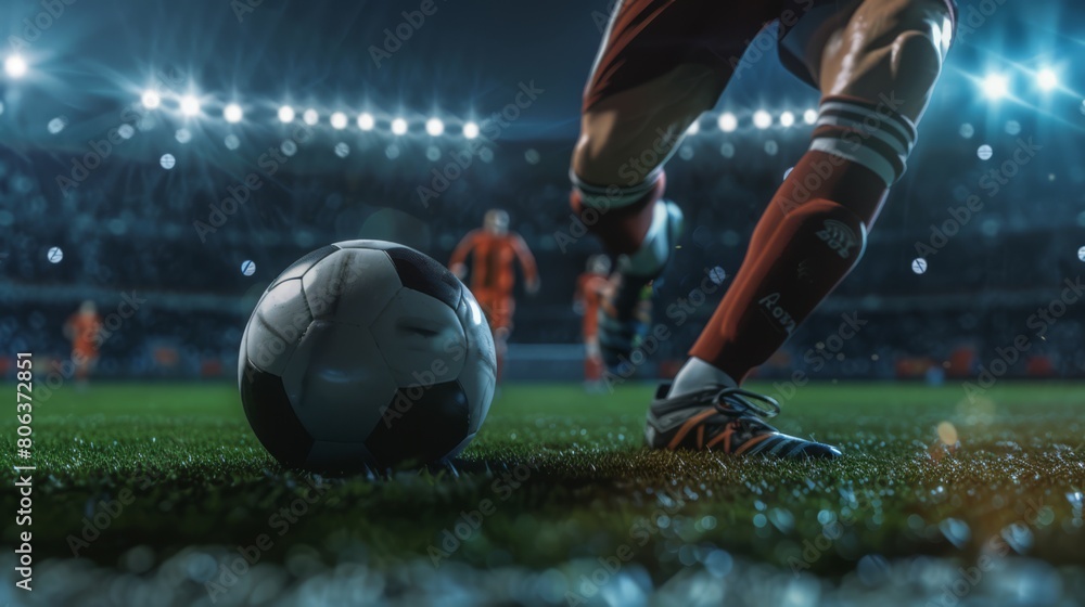 Soccer player's leg resting his foot on the soccer ball, in the background is the stadium at night, generated with AI