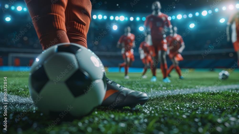 Soccer player's leg resting his foot on the soccer ball, in the background is the stadium at night, generated with AI