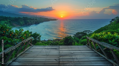 Platform with a Beautiful view of coffee plantation overlooking the sea. generated with AI
