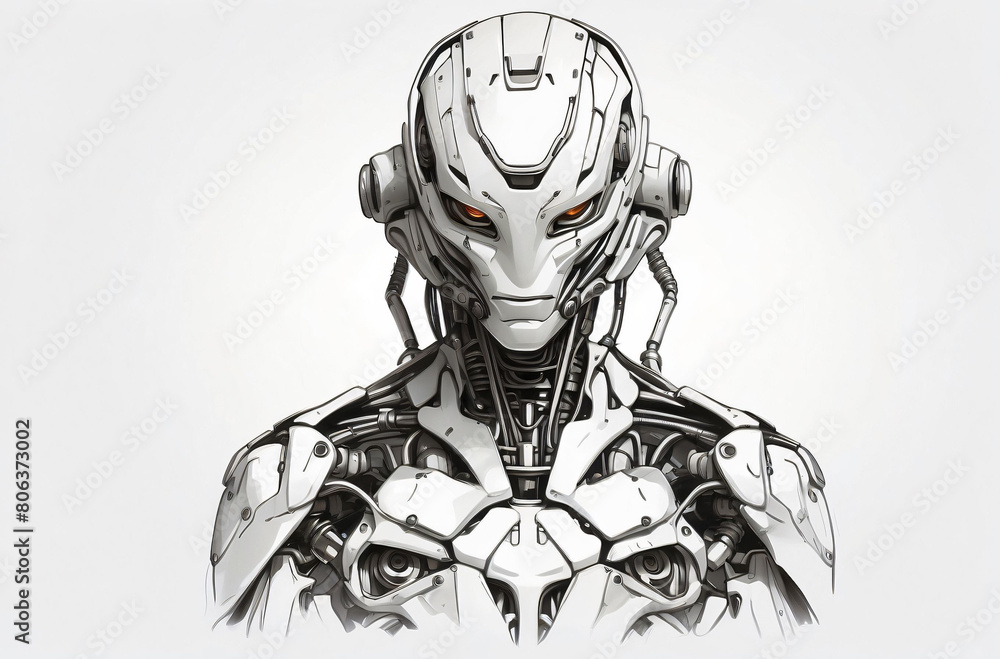 Drawing of a robot on an isolated white background, black and white tones Drawing of a robot on an isolated white background, black and white tones