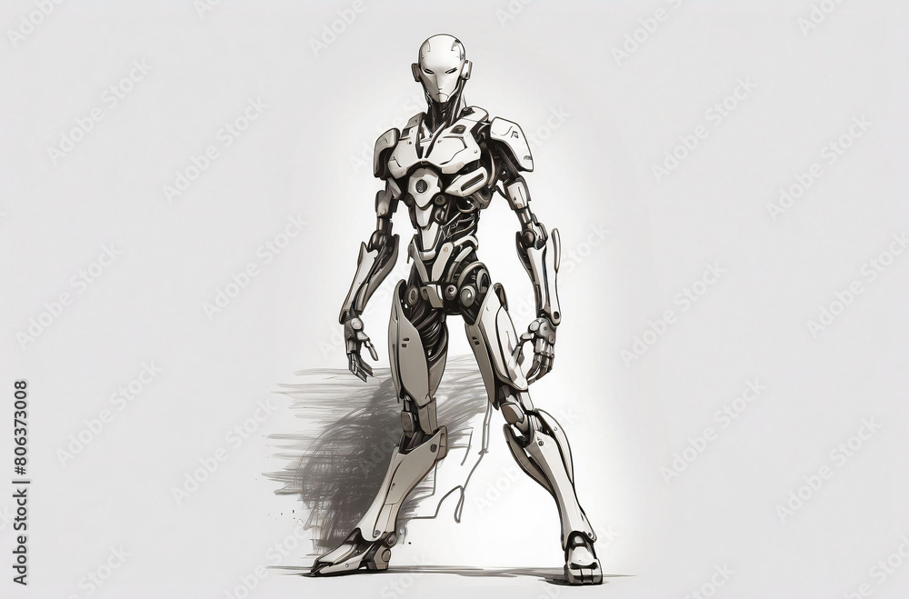 Drawing of a robot on an isolated white background, black and white tones Drawing of a robot on an isolated white background, black and white tones