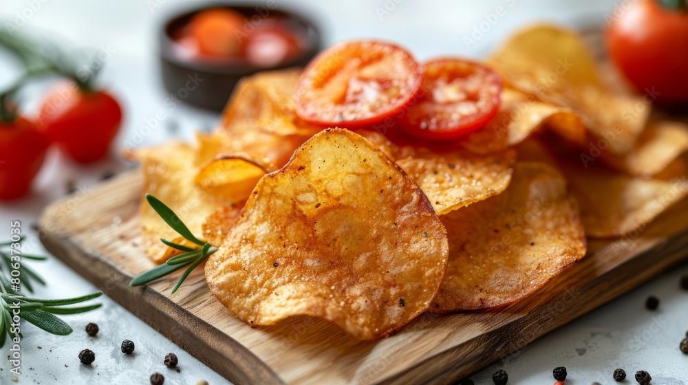 Potato chips with tomato and pepper on a white background , generated with ai