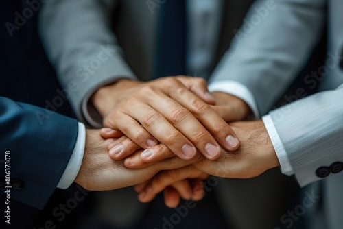 Close up top view of businessman putting their hands together. Stack of hands. Unity and teamwork concept.