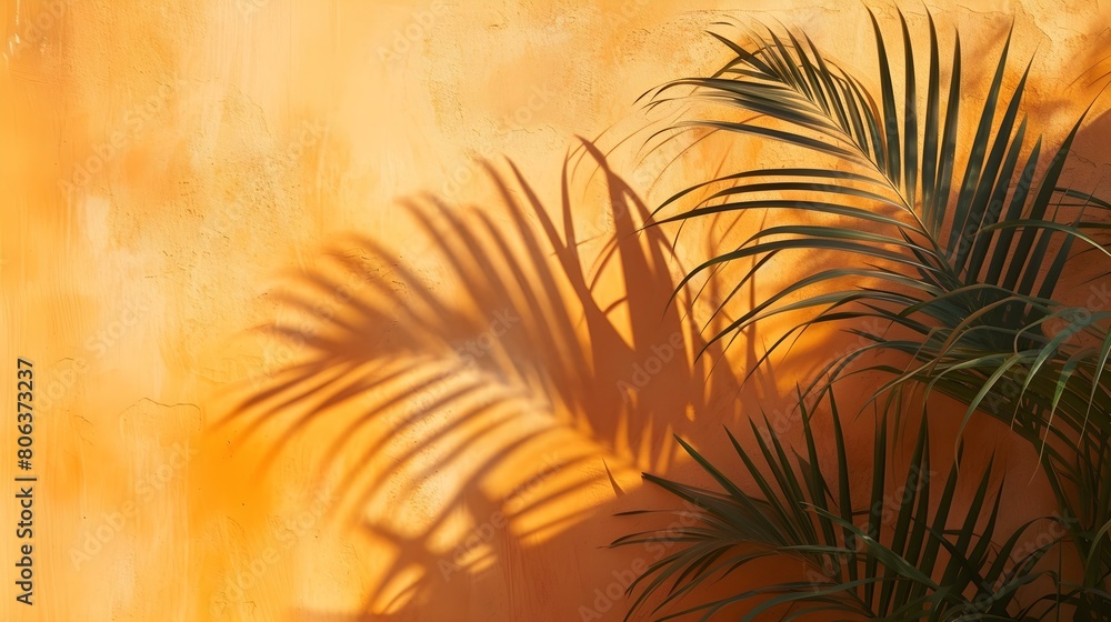 Shadows of Tropical Plants on a orange Plaster Wall. Exotic Background for Product Presentation