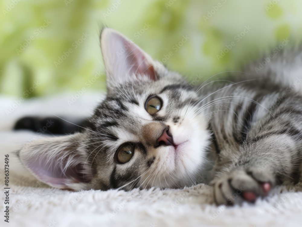 silver American shorthair tabby cat lying on the white and green background, happy, funny, generated with AI silver American shorthair tabby cat lying on the white and green background, happy, funny, generated with AI