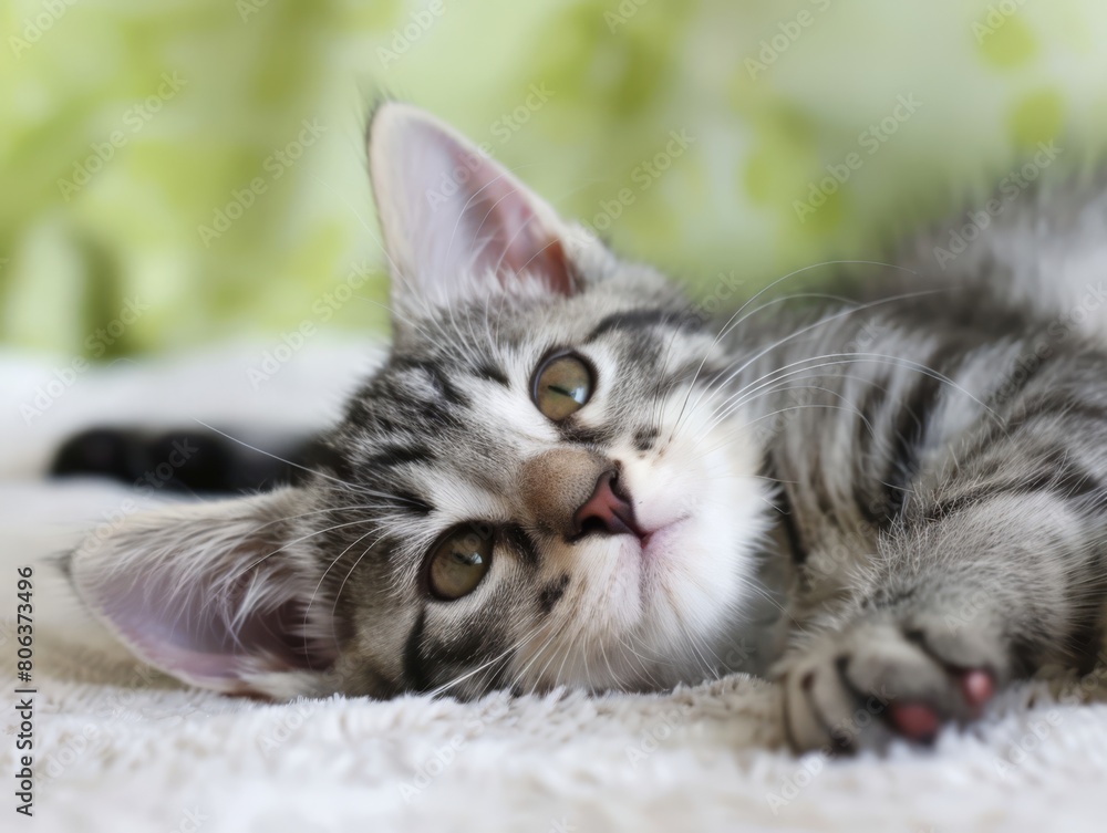 silver American shorthair tabby cat lying on the white and green background, happy, funny, generated with AI