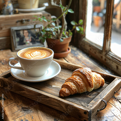 A Cup of Coffee and a Croissant on a Wooden Tray