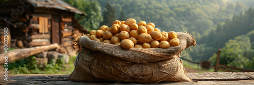 Rustic Sack Overflowing with Potatoes on a Wooded,
Young potatoes in burlap sack on wooden table with blooming agricultural field on the background photo