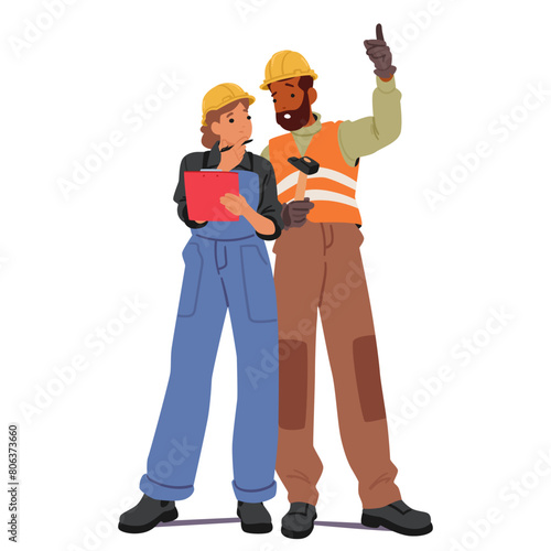 Male And Female Builder Characters In Hard Hats And Hi-vis Vests, Collaborating Over A Clipboard, Symbolizing Teamwork