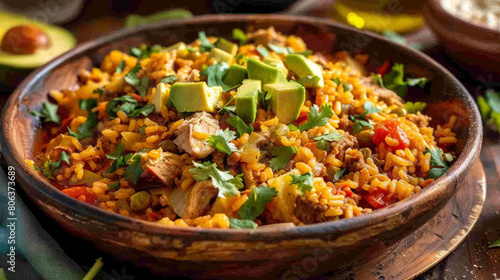Authentic colombian arroz con pollo served in a rustic wooden bowl, garnished with avocado slices and fresh cilantro