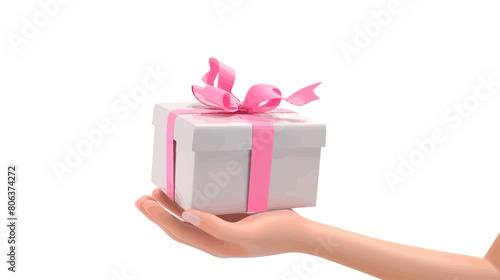 Elegant hand presenting gift box with pink ribbon on white background  © Яна Деменишина