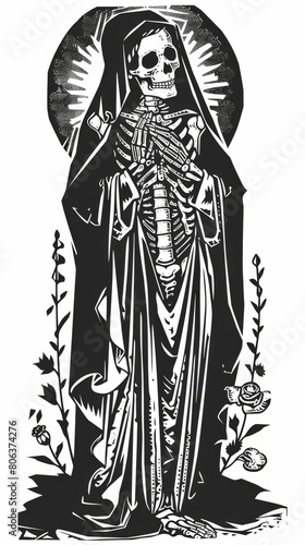 Simple Linocut pattern depicting the santa muerte, black and white illustration, generated with AI