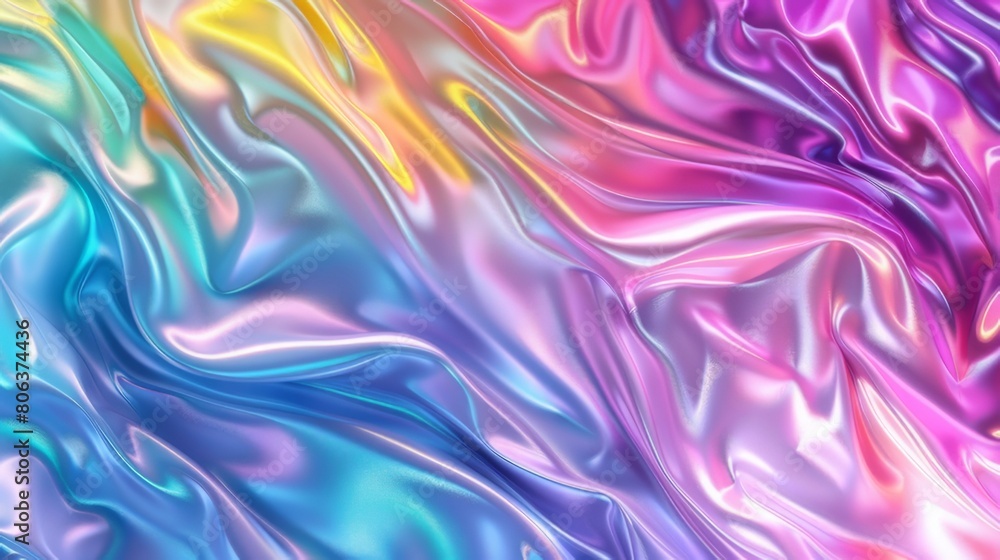 Fototapeta premium Abstract Holographic iridescent rainbow Y2K fluid background. Liquid gradient waves surface futuristic texture. Mental health holo modern aesthetic. Trendy Brutalism