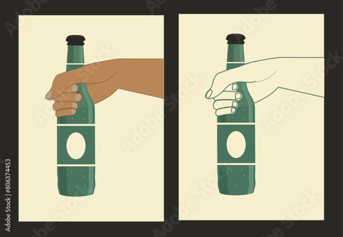 hand holding a beer bottle. Alcohol and drink. vintage style. illustration for web, poster, invitation to beer party. Retro poster with hand and beer - Stock vector