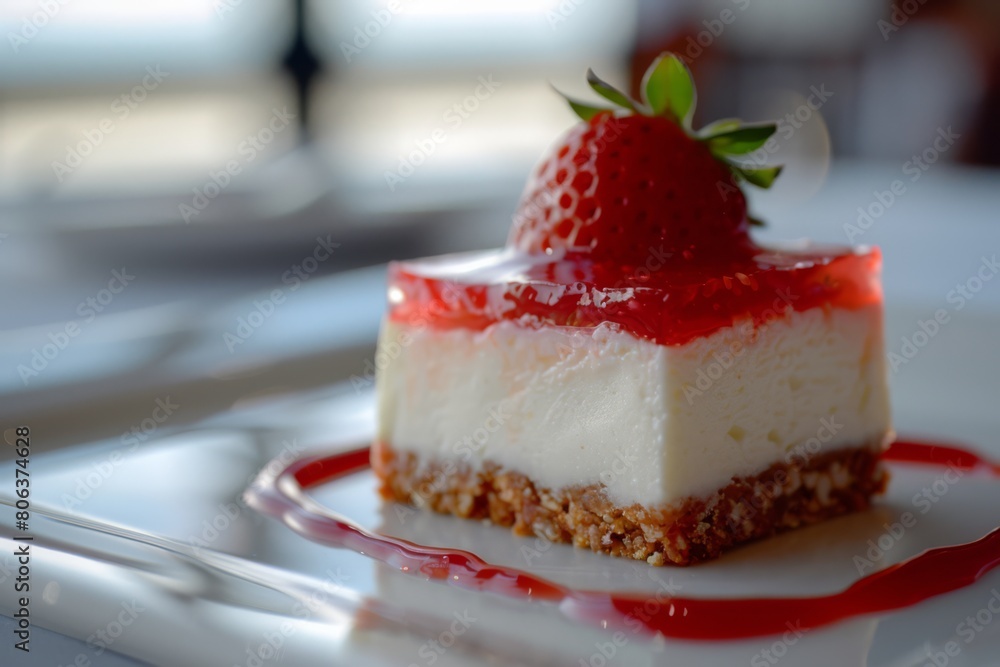 Strawberry-Pretzel Salad cheesecake topped with a light yet tangy cream cheese filling and finished off with a sweet strawberry, generated with AI Strawberry-Pretzel Salad cheesecake topped with a light yet tangy cream cheese filling and finished off with a sweet strawberry, generated with AI