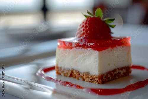 Strawberry-Pretzel Salad cheesecake topped with a light yet tangy cream cheese filling and finished off with a sweet strawberry  generated with AI
