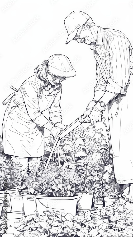 A black and white sketch of a man and a child gardening together.