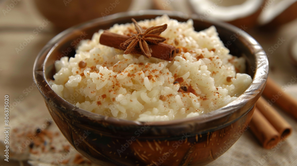 Delicious bowl of traditional colombian arroz con leche, topped with cinnamon and anise stars, served in a beautifully crafted wooden dish Delicious bowl of traditional colombian arroz con leche, topped with cinnamon and anise stars, served in a beautifully crafted wooden dish