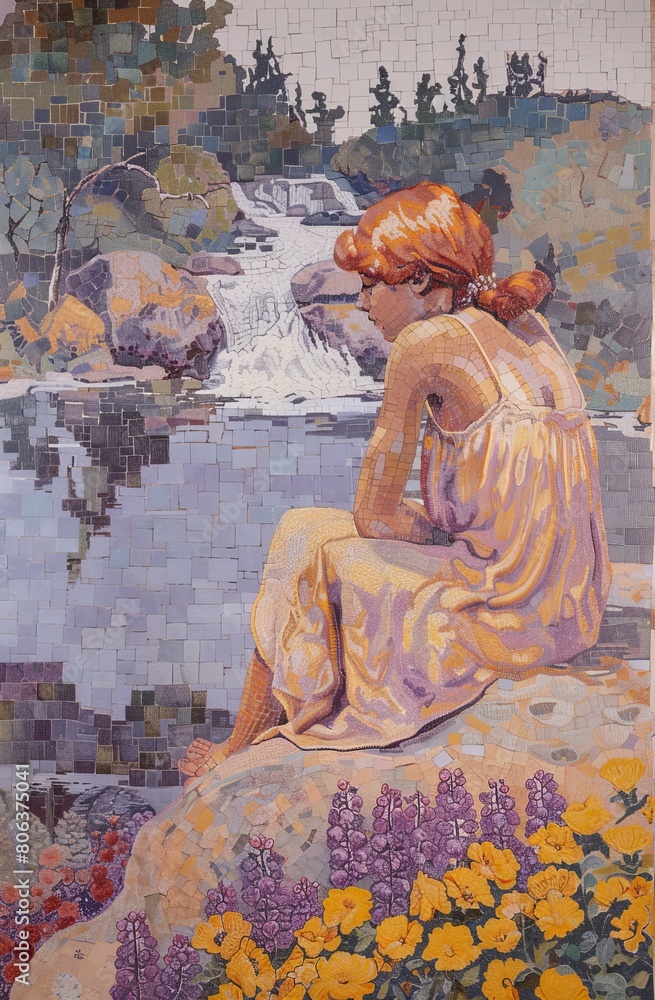 Venus garden and fountain, in the style of pointillist seascapes, light orange and purple, mural painting, light yellow and azure, generated with AI