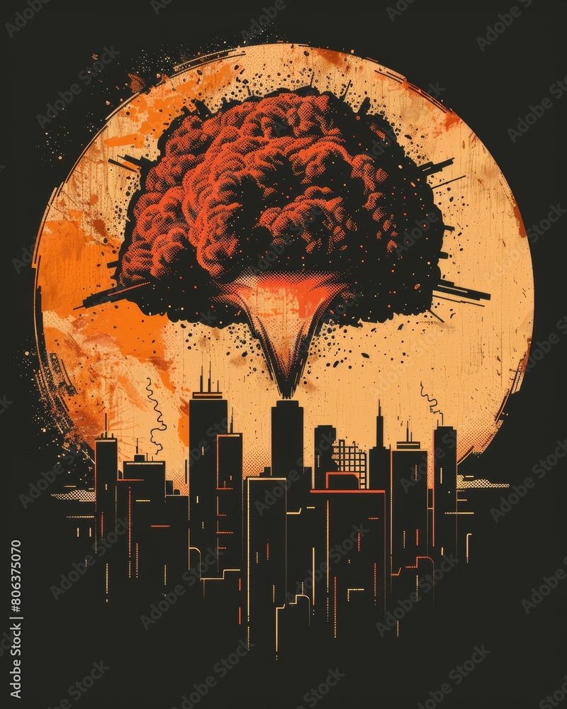 Tshirt design depicting an atomic mushroom cloud explosion over a city in the style of vault city from fallout, in a vector art style, on a clean background , generated with ai