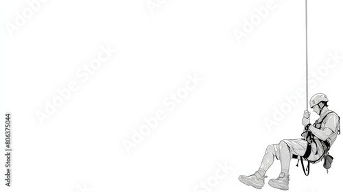 A man is rappelling down a cliff. He is wearing a helmet and a safety harness. The background is white.