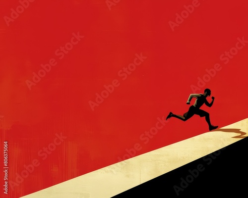 A runner is running on a red background. The runner is wearing a black shirt and shorts. The runner is running towards the viewer.