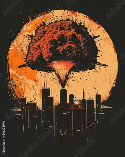 Obraz na płótnie Tshirt design depicting an atomic mushroom cloud explosion over a city in the style of vault city from fallout, in a vector art style, on a clean background , generated with ai w salonie
